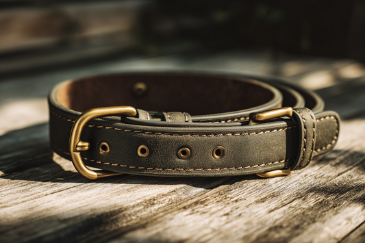  High-quality durable dog collar with brass hardware showing signs of use, illustrating sustainable long-lasting pet gear