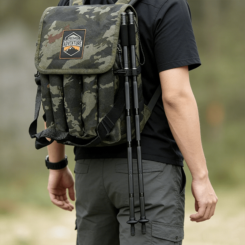 Terozi detachable survival staff collapsed and securely strapped to a tactical backpack, showcasing its compact portability for outdoor expeditions.