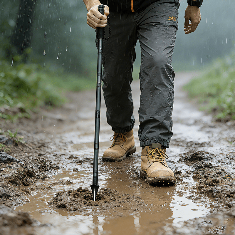 Terozi heavy-duty staff being used for stability on a rugged, muddy alpine trail, providing essential joint support for hikers with bad knees.